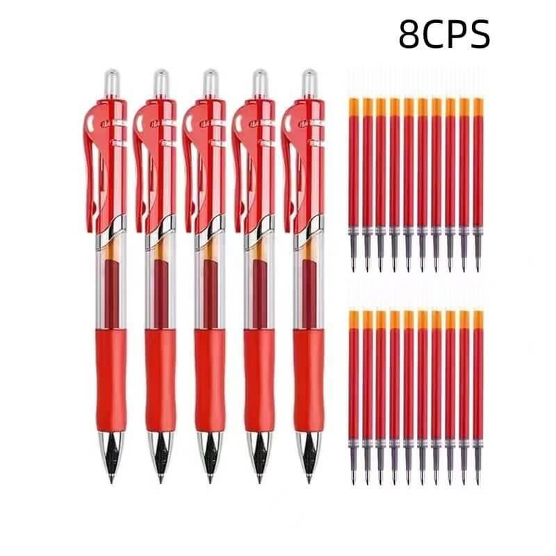 Premium gel sign pen set including red pens and refill cartridges for smooth writing.