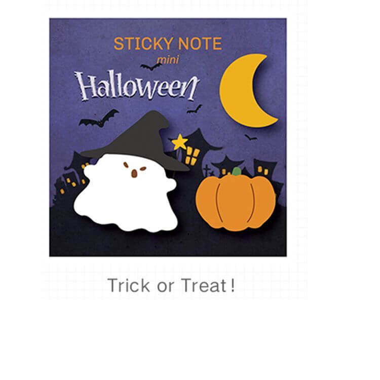 Halloween pumpkin pattern sticky notes featuring a ghost, pumpkin, and moon with a spooky background.