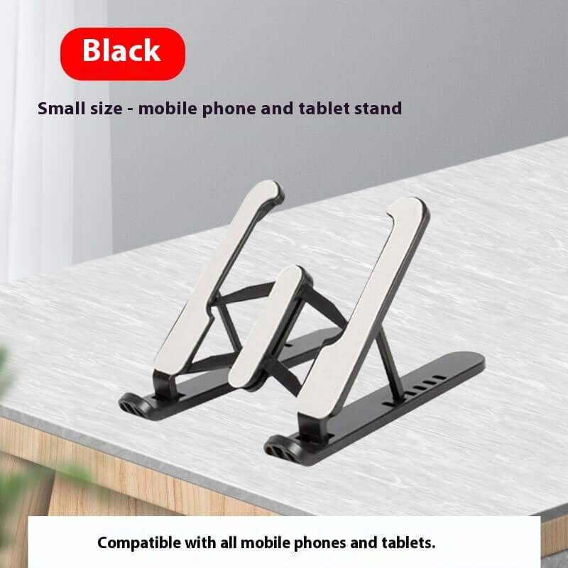 Adjustable laptop stand on a desk, also compatible with mobile phones and tablets.