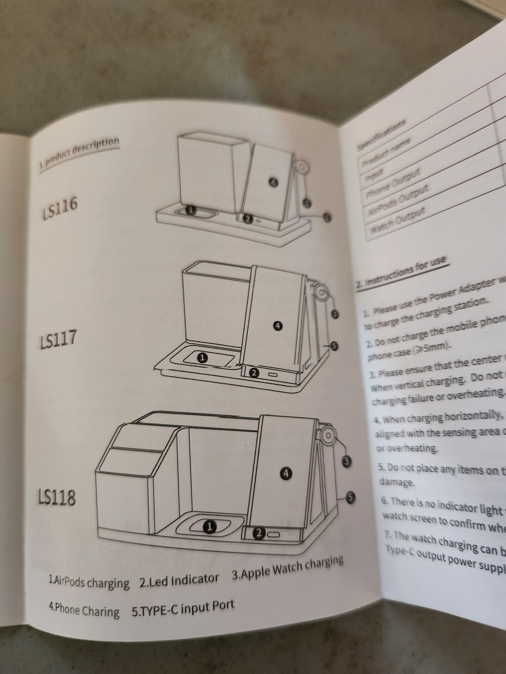 3-in-1 Wireless Charging Station LS118 product diagram showing AirPods charging, LED indicator, Apple Watch charging, phone charging, and Type-C input port