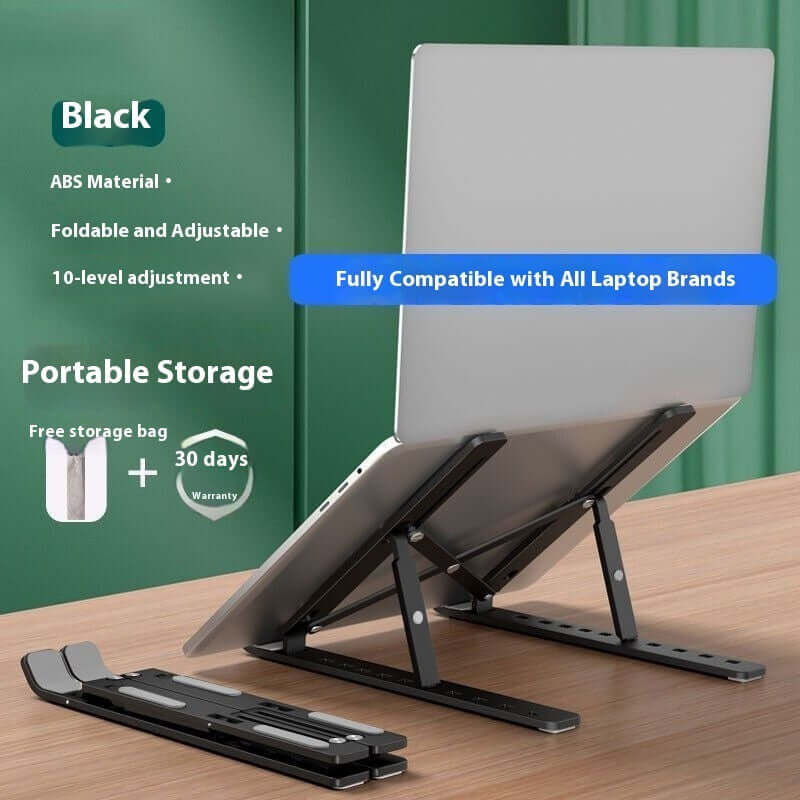 Adjustable laptop stand showing foldable design and compatibility with all laptop brands.
