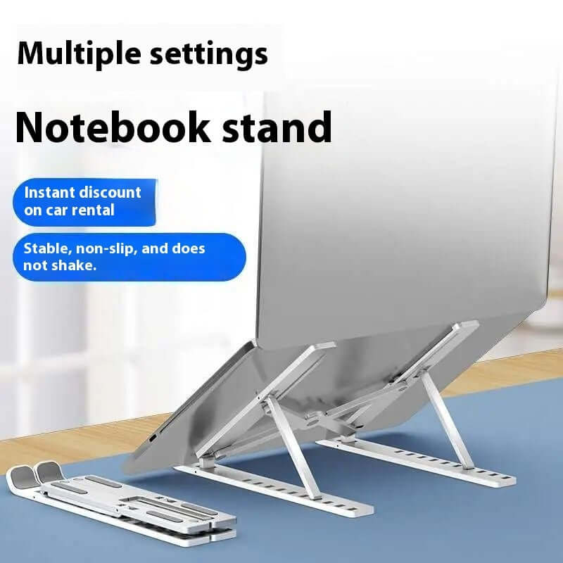 Adjustable laptop stand featuring multiple height settings and stable base for ergonomic use.