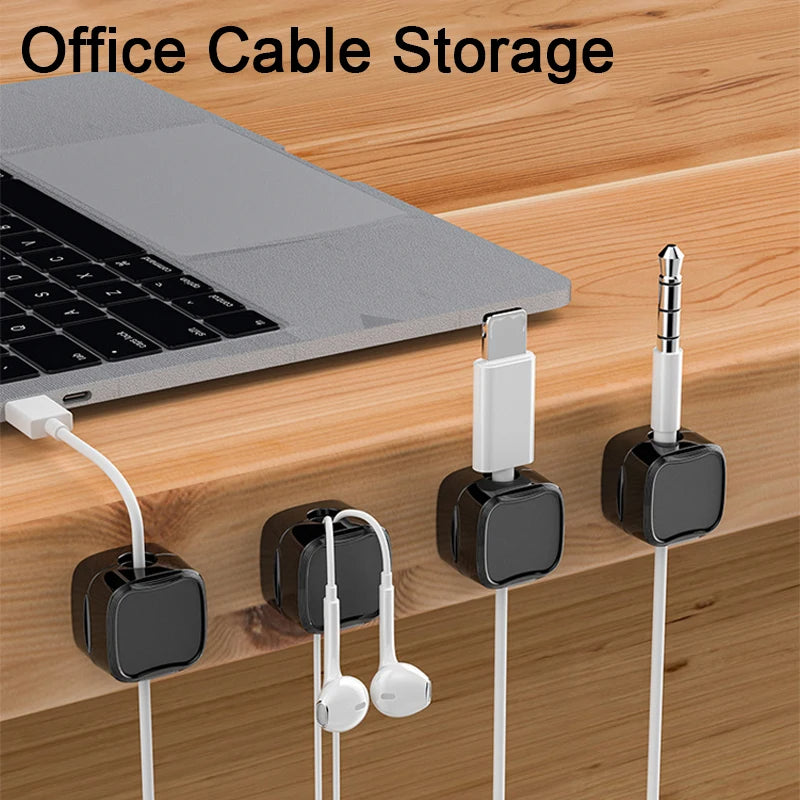 Office Cable Storage - clips holding charging cables and earphones on desk edge - Efficient Office