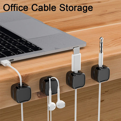 Office Cable Storage - clips holding charging cables and earphones on desk edge - Efficient Office
