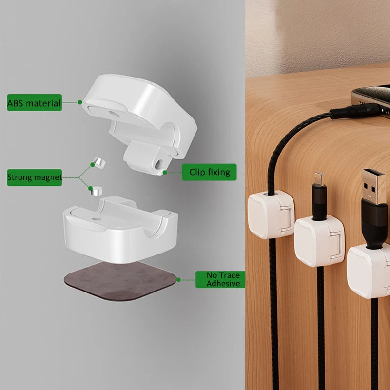 Cable clip exploded view showing ABS material, strong magnet, clip fixing, and adhesive backing - Efficient Office