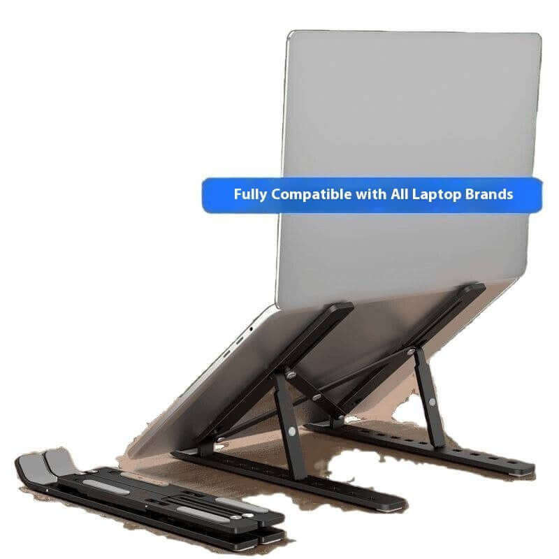 Adjustable laptop stand showing compatibility with all laptop brands and ergonomic design.