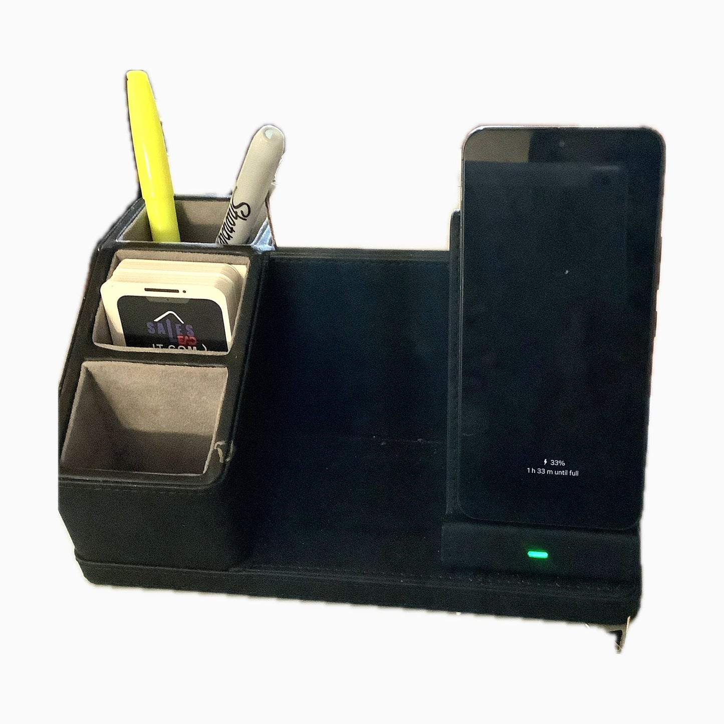 3-in-1 Wireless Charging Station charging a phone and AirPods, black leather-look finish